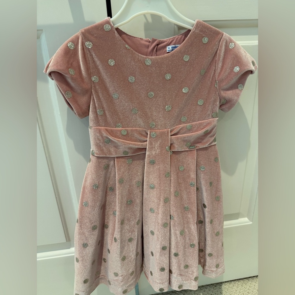 Mayoral Pink Velvet Dress with Silver Polka Dots